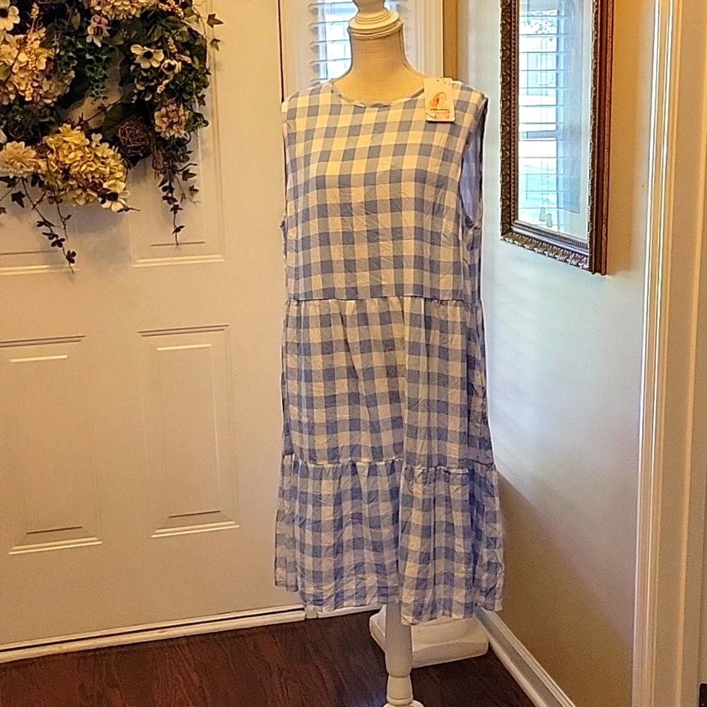 Pretty Garden blue white gingham check sleeveless tier dress Fully lined XXL New
